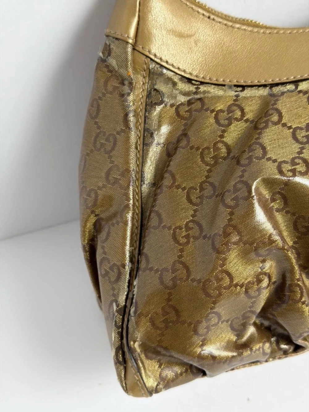 Gucci Abby Gold Leather Coated Monogram Canvas Hobo Shoulder Bag - Picture 8 of 16